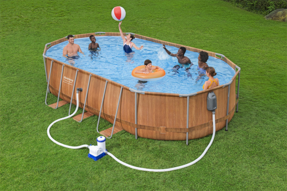 Каркасный бассейн 610 х 366 х 122 см Power Steel Oval Frame Pool Bestway 56719, фильтрующий насос, лестница, тент
