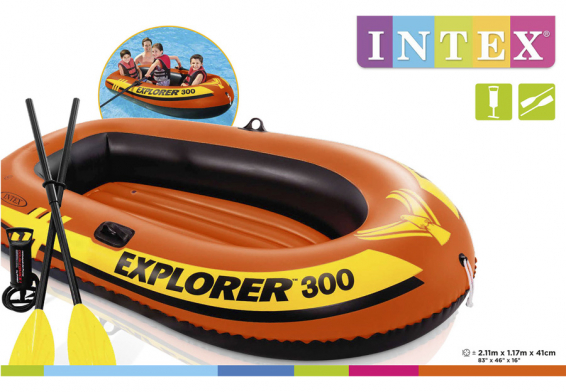 Трёхместная надувная лодка Explorer 300 Set Intex 58332NP, пластиковые вёсла, ручной насос