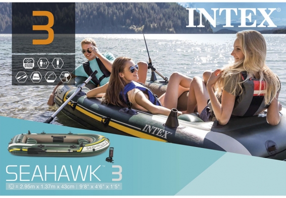 Трехместная надувная лодка Seahawk-3 Set Intex 68380NP, алюминиевые весла, ручной насос