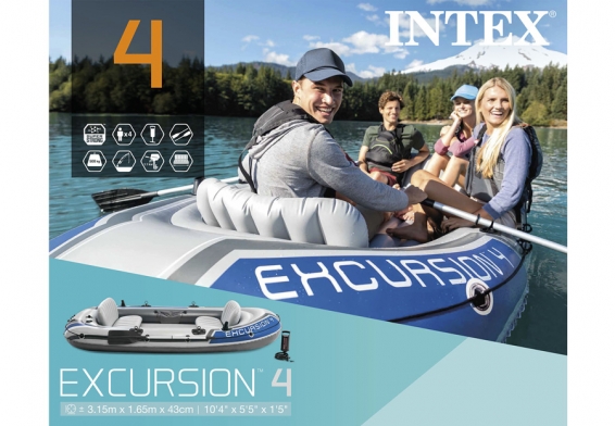 Четырехместная надувная лодка Excursion-4 Set Intex 68324NP, алюминиевые весла, ручной насос
