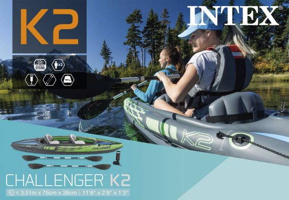 Двухместная надувная байдарка Challenger K2 Intex 68306NP, 2 комплекта алюминиевых вёсел, ручной насос