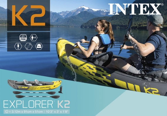 Двухместная надувная байдарка Explorer K2 Intex 68307NP, 2 комплекта алюминиевых вёсел, ручной насос